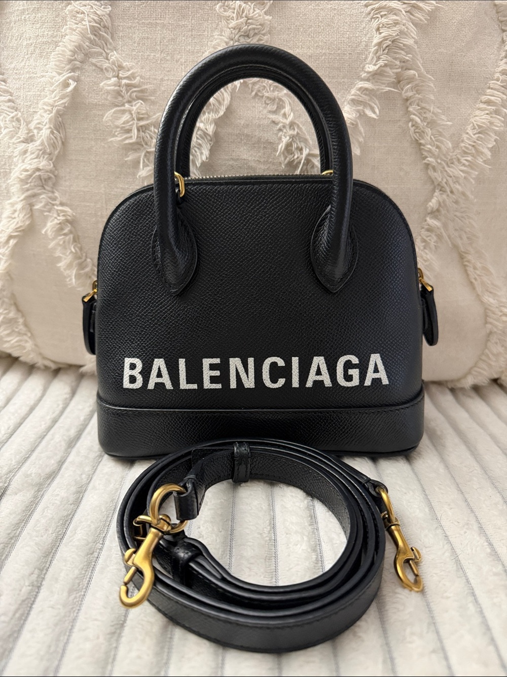 Authentic Balenciaga Ville XXS Black Leather Bag with White Logo